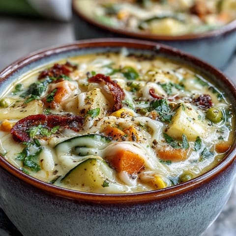 Ladle of hearty Creamy Garlic Parmesan Veggie Soup beside crusty bread on a wooden table, a cheese pull stretching in rich broth.