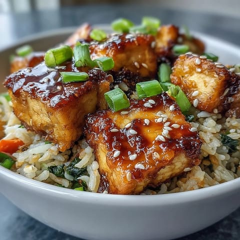 A close-up of plated Crispy Sesame Tofu Fried Rice garnished with sesame seeds and fresh scallions next to chopsticks. 