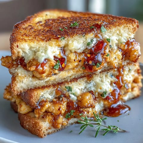 Buttery grilled Goat Cheese & Hot Honey Chicken Grilled Cheese oozing with melted cheese, served beside a bowl of creamy tomato soup for a cozy lunch.