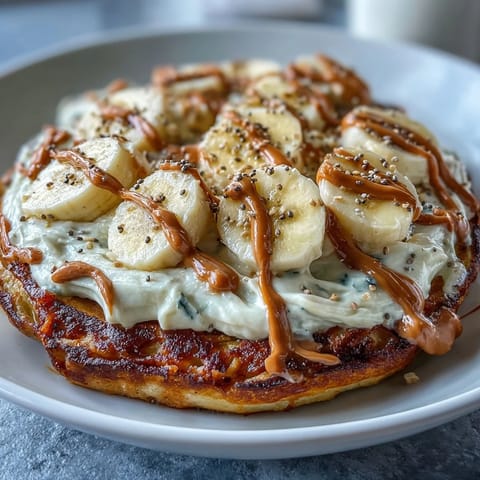 High-Protein Breakfast Pizza Bowl baked golden, topped with creamy Greek yogurt frosting and a peanut butter drizzle.