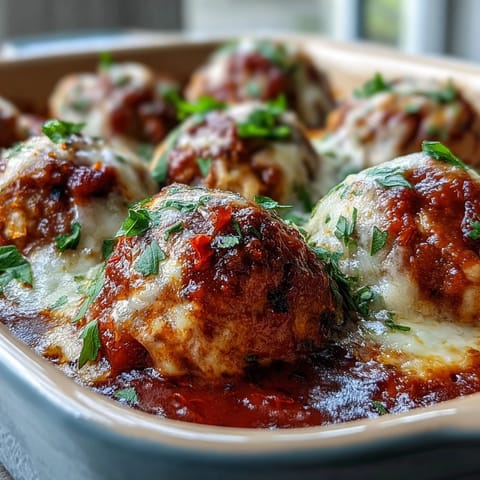 A close-up view shows 16 juicy spicy chicken parm meatballs baked in zesty marinara, topped with bubbly mozzarella and garnished with parsley.