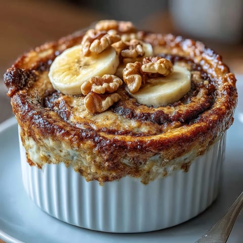 Steaming Cinnamon Swirl Protein Banana Baked Oats in a white ramekin, topped with banana slices and a drizzle of maple syrup for a cozy morning breakfast.