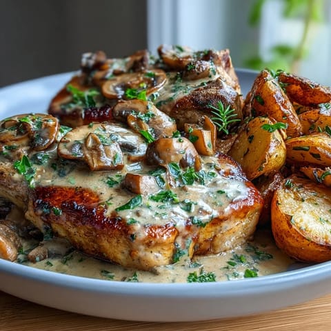 Tender seared pork chops smothered in rich garlicky cream sauce, paired with low-carb roasted radishes for a hearty dinner.