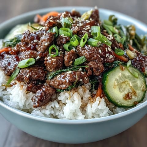 Flavorful Korean beef bowl with sesame-seasoned ground beef, crisp pickled veggies, and a sprinkle of green onions on rice.  
