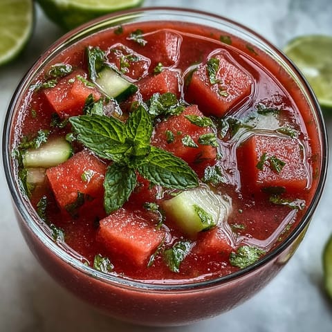 Refreshing chilled soup blending sweet watermelon, crisp cucumber, zesty lime, and cool mint leaves for a perfect summer starter.