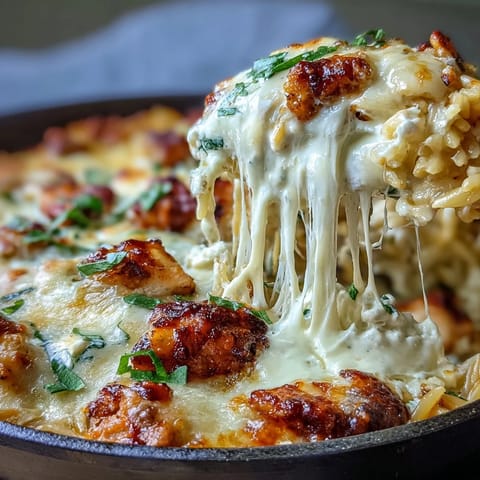 Savory skillet chicken lasagna orzo featuring tender pasta, herbs, and bubbling cheese topping.  