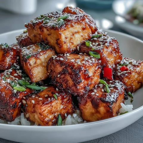 A colorful bowl of crispy sesame tofu fried rice with golden tofu cubes and vibrant vegetables.  