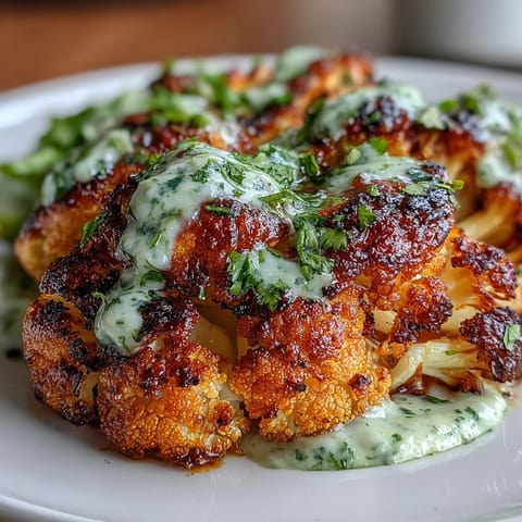Keto Chili Lime Cauliflower Steaks with Avocado Crema - Roasted cauliflower steaks glazed with zesty chili-lime marinade and topped with creamy avocado sauce.  