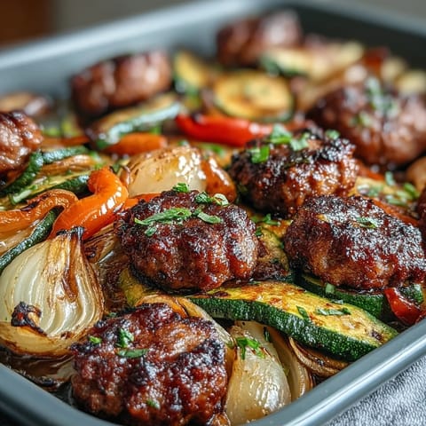 Juicy Italian sausages and colorful bell peppers baked with zucchini for a hearty, gluten-free dinner.  