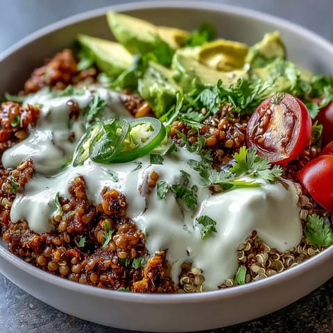 Wholesome vegan lentil and quinoa taco filling topped with creamy avocado lime sauce and vibrant fresh toppings in a bowl.  