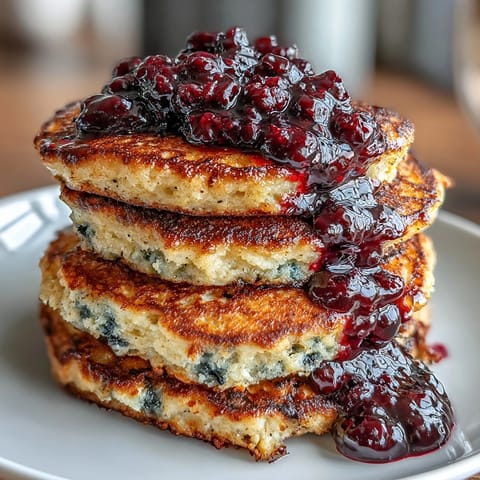 Fluffy high-protein Greek yogurt pancakes topped with a vibrant blueberry compote, perfect for a healthy and satisfying breakfast.