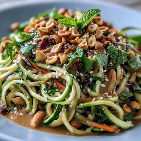 Vegan Thai Peanut Zucchini Noodle Salad with Crunchy Veggie Ribbons in a creamy, tangy dressing, garnished with roasted peanuts and sesame seeds.  