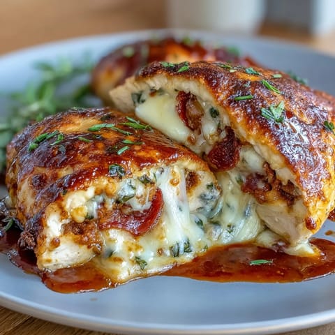Keto pizza-stuffed chicken breasts with gooey mozzarella and pepperoni in a skillet, golden and bubbling.