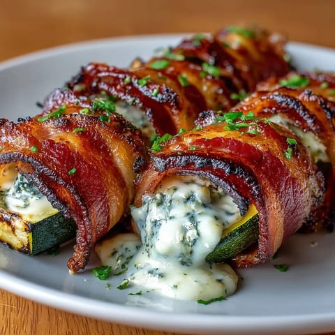 Keto bacon-wrapped zucchini boats filled with creamy herb cheese and topped with crispy bacon strips.  
