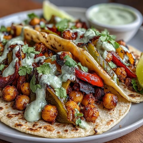 Vibrant plant-based fajitas loaded with peppers, zucchini, chickpeas, and topped with zesty guacamole yogurt sauce for a fresh, healthy meal.  