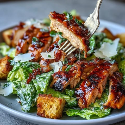 A vibrant Grilled Chicken Caesar Salad featuring tender chicken, creamy Greek yogurt dressing, and golden sourdough croutons for a fresh, protein-rich meal.  