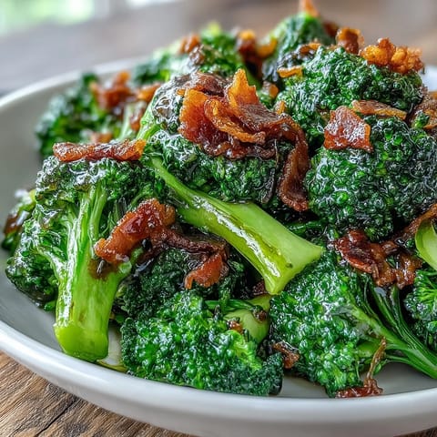 Aromatic garlic sauce coats fresh broccoli and smoky bacon, creating a flavorful and easy low-calorie side dish.  