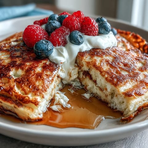 Fluffy baked protein pancake bowl with Greek yogurt and fresh berries, a high-protein breakfast for busy mornings.