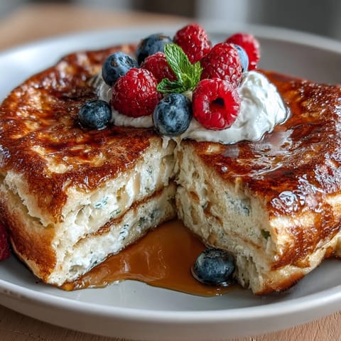Warm protein pancake bowl topped with banana slices and maple syrup, perfect for a nutritious start to your day.
