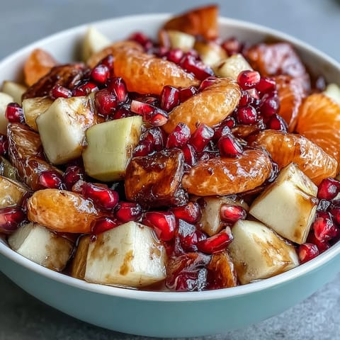 A vibrant winter fruit salad with mandarin oranges, apples, and pomegranate, drizzled with a warm cinnamon vanilla dressing.