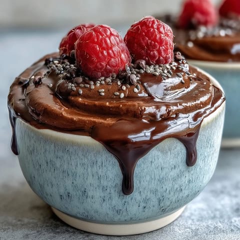 A creamy, protein-rich chocolate mousse made with cottage cheese, topped with fresh berries and dark chocolate shavings.  