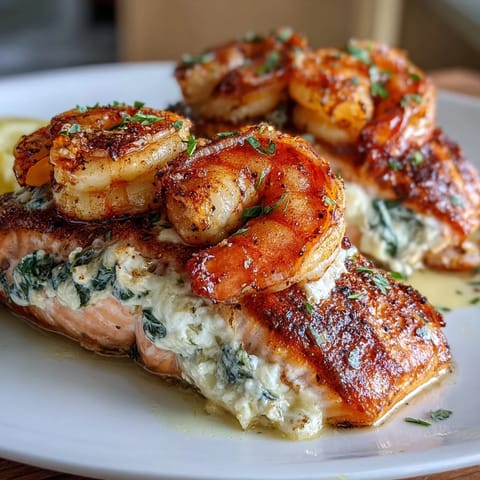 Luxurious crab and shrimp stuffed salmon fillets baked with Cajun-spiced shrimp and creamy spinach filling.  