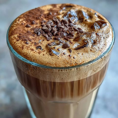Creamy 5-minute coffee protein shake with vanilla protein powder, frozen banana, and almond milk, blended smooth and frothy for a quick breakfast boost.