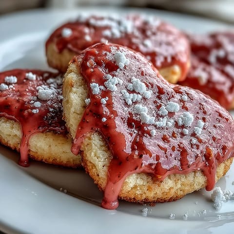 Heart-shaped sugar cookies with strawberry icing, decorated in pink for Valentine's Day celebrations.  