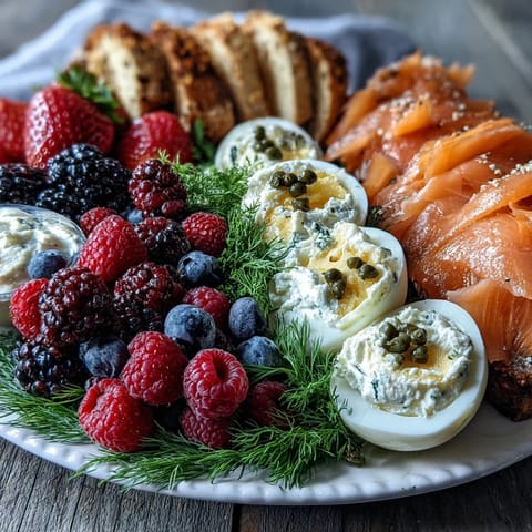 A vibrant Galentines brunch spread with everything bagels, smoked salmon, creamy cheeses, and colorful berries arranged artfully for celebration.