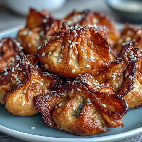 Golden, crispy air fryer chicken dumplings served with a rich sesame soy dipping sauce, perfect for appetizers or light meals.  