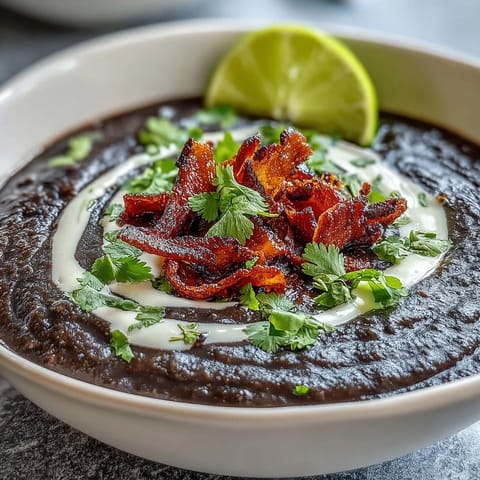 Creamy black bean soup with crispy bacon and zesty lime crema, garnished with fresh cilantro.  