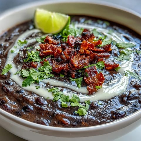 A rich, smoky black bean soup topped with crunchy bacon bits and a tangy lime crema swirl.  