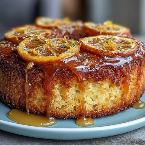Moist olive oil cake topped with candied orange slices and citrus glaze, perfect for elegant dessert tables.  