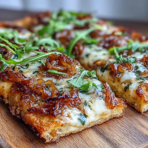 Crispy flatbread pizza loaded with sweet caramelized onions, creamy mozzarella, and tangy goat cheese, topped with fresh arugula and balsamic glaze.  