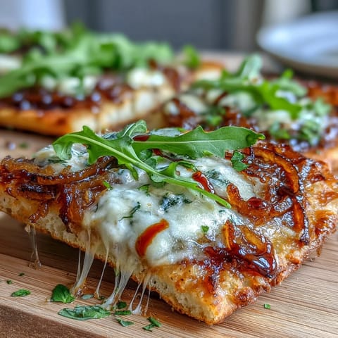 Gourmet flatbread pizza featuring golden caramelized onions, rich cheeses, and peppery arugula, finished with a balsamic glaze drizzle for bold flavor.  