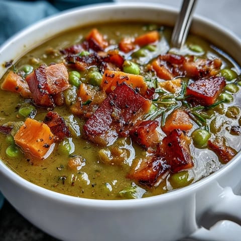 A steaming bowl of ham and split pea soup with tender carrots, perfect for a cozy winter meal.