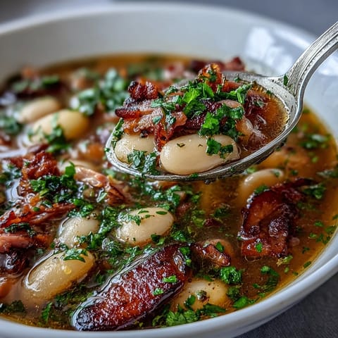 A steaming bowl of bean soup with smoked ham and potatoes, rich in flavor and perfect for a cozy winter meal.  