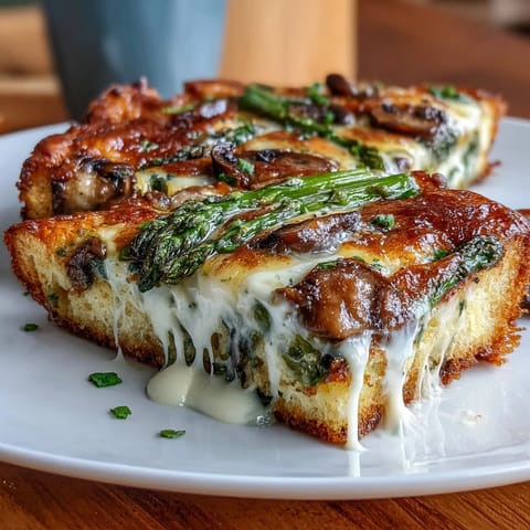 Asparagus and mushroom frittata with a golden sourdough crust, baked to perfection and topped with Gruyère cheese.