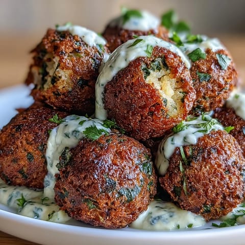 Golden herby falafel balls made in the air fryer, paired with creamy, herb-packed green tahini sauce for dipping.  