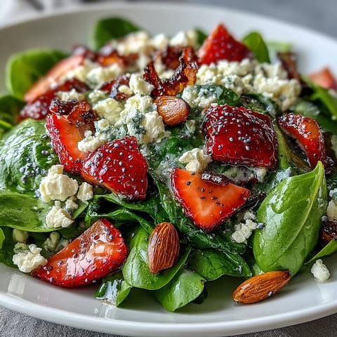 A colorful spring salad with baby spinach, fresh strawberries, feta cheese, and almonds, drizzled with tangy poppy seed dressing.  