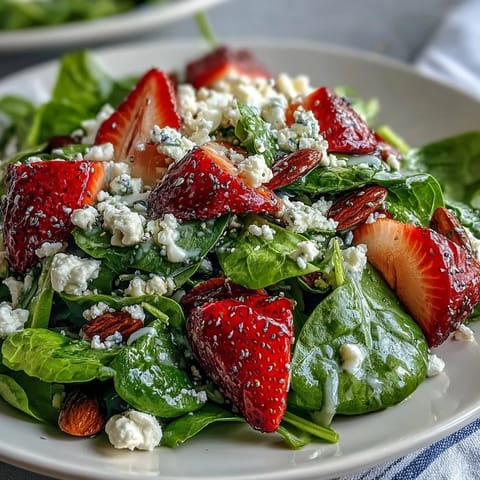 This vibrant spinach and strawberry salad features crunchy almonds, creamy feta, and a zesty poppy seed dressing, perfect for a light lunch.  