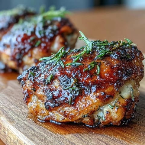 Herb roasted chicken thighs with baby potatoes and carrots, golden and crispy, served on a rustic baking sheet.  