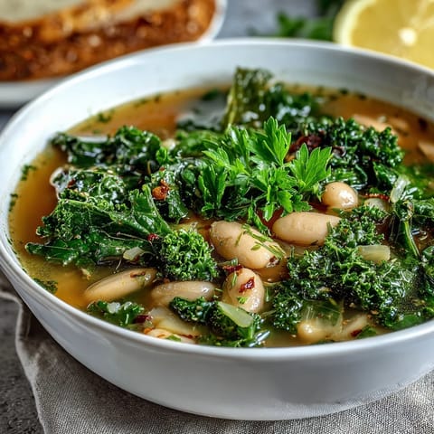 A steaming bowl of kale and white bean soup with lemon and garlic, garnished with fresh parsley and served with crusty bread.