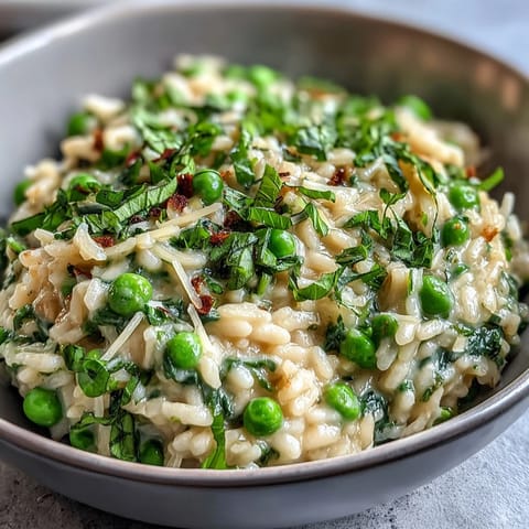 Creamy Spring Pea and Mint Risotto with Parmesan, topped with fresh mint and lemon zest, perfect for a light vegetarian dinner.