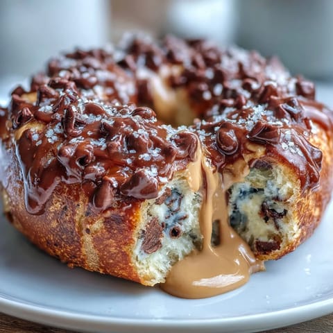 Golden-brown protein bagels loaded with melty chocolate chips, drizzled with sweet peanut butter for a satisfying post-workout treat.  