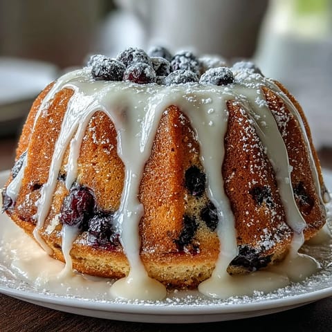 A batch of golden mini bundt cakes studded with juicy blueberries and drizzled with tangy lemon glaze, perfect for brunch or dessert.