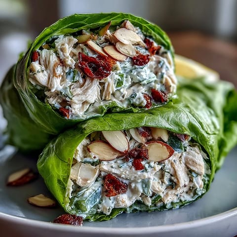 Healthy Easy Chicken Salad Lettuce Wraps with creamy Greek yogurt dressing and crunchy vegetables, served in crisp lettuce leaves for a light lunch.  