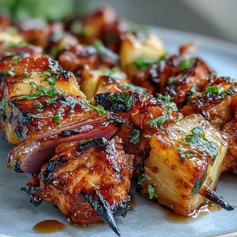 Tender chicken skewers glazed with sweet BBQ sauce, paired with caramelized pineapple and crisp red onion for a burst of flavor.  