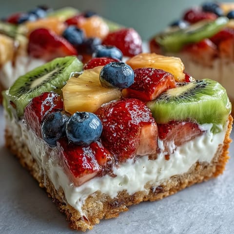 Vibrant Summer Party Fruit Pizza with Cookie Crust, topped with colorful fresh fruit and creamy frosting.
