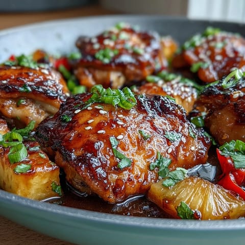 Juicy chicken thighs glazed with sticky honey garlic sauce, caramelized with sweet pineapple and colorful bell peppers in a vibrant skillet.  